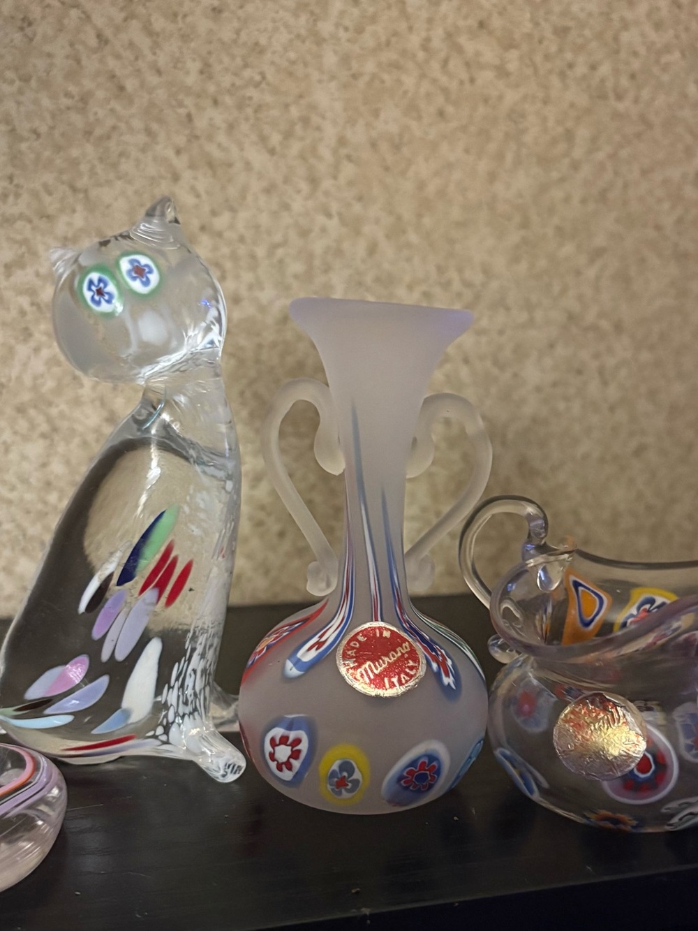Vintage Murano Millifiore Blown Glass Lot of Cat,Vase,Small Pitcher
